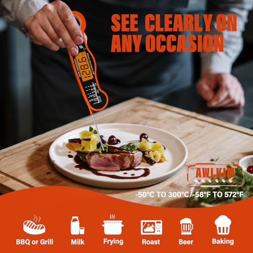 Image of AWLKIM Meat Thermometer Digital, Instant Read Food Thermometer, Orange | Waterproof cooking thermometer with doneness chart, backlight, F /C switch for BBQ, candy, oil