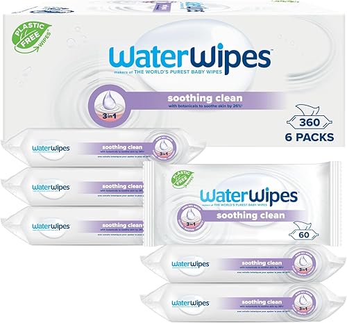 WaterWipes Soothing Clean Baby Wipes, 360 unidades (paquete de 6), 99% de agua con extracto botánico, 3 en 1 limpia, cuida, calma, sin perfume, el envase puede variar