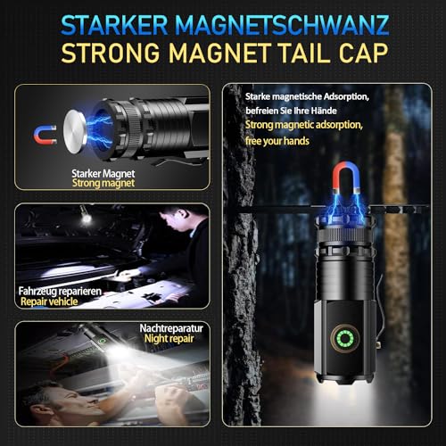 ASORT LED Taschenlampe Mini Extrem Hell，5000 Lumen Aufladbar，5 Lichtmodi kleine Torch mit Magnete und Langer Betriebsdauer，3* Starke Lampenperlen，IPX6 Wasserdicht, für Camping，Wandern，Outdoor，Notfälle