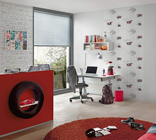A.S. Création PVC-freie Vliestapete Little Stars Tapete mit Feuerwehr Autos 10,05 m x 0,53 m grau rot schwarz Made in Germany 358131 35813-1