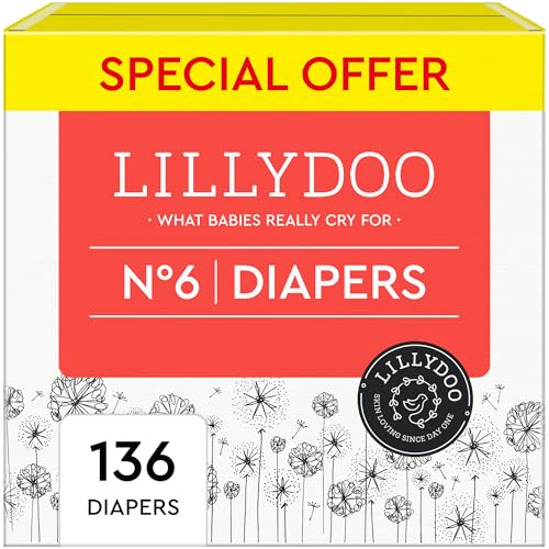 Image of LILLYDOO Diapers - Size 6 (29+ lbs), Monthly Supply (136 Count), Skin-Friendly, Ultrasoft & Absorbent Baby Diapers