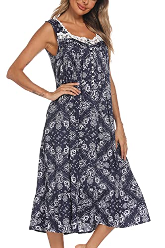 Image of AVIIER Cotton Nightgowns for Women Sleeveless House Dress Ladies Long Nightdress with Pockets S-XXL