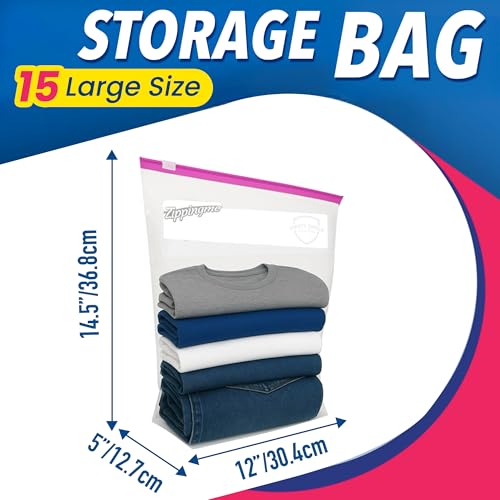 Image of Reusable Transparent Storage Bags with Slider Zip Lock | 15 Large Size (12 inchx14.5 inch with 5 inch Bottom) | Ziplock Pouch or Bag for Clothes, Shoes, Saree & Travel Packing | Space Saver Zipper Pouch