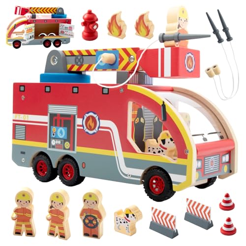 Nene Toys Camión de Bomberos de Madera – Juguete Educativo Magnético para Niños desde 2 Años – Escalera Giratoria 360°, Mangueras Magnéticas, Hidrante, Bomberos & Dálmata, Regalo Montessori Madera FSC