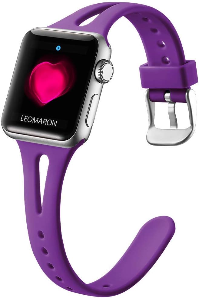 LEOMARON Slim Band Compatible with Apple Watch 38mm 40mm for Women, Breathable Soft Silicone Thin Wristband for iWatch Series 6/SE 5 4 3 2 1, S/M Purple