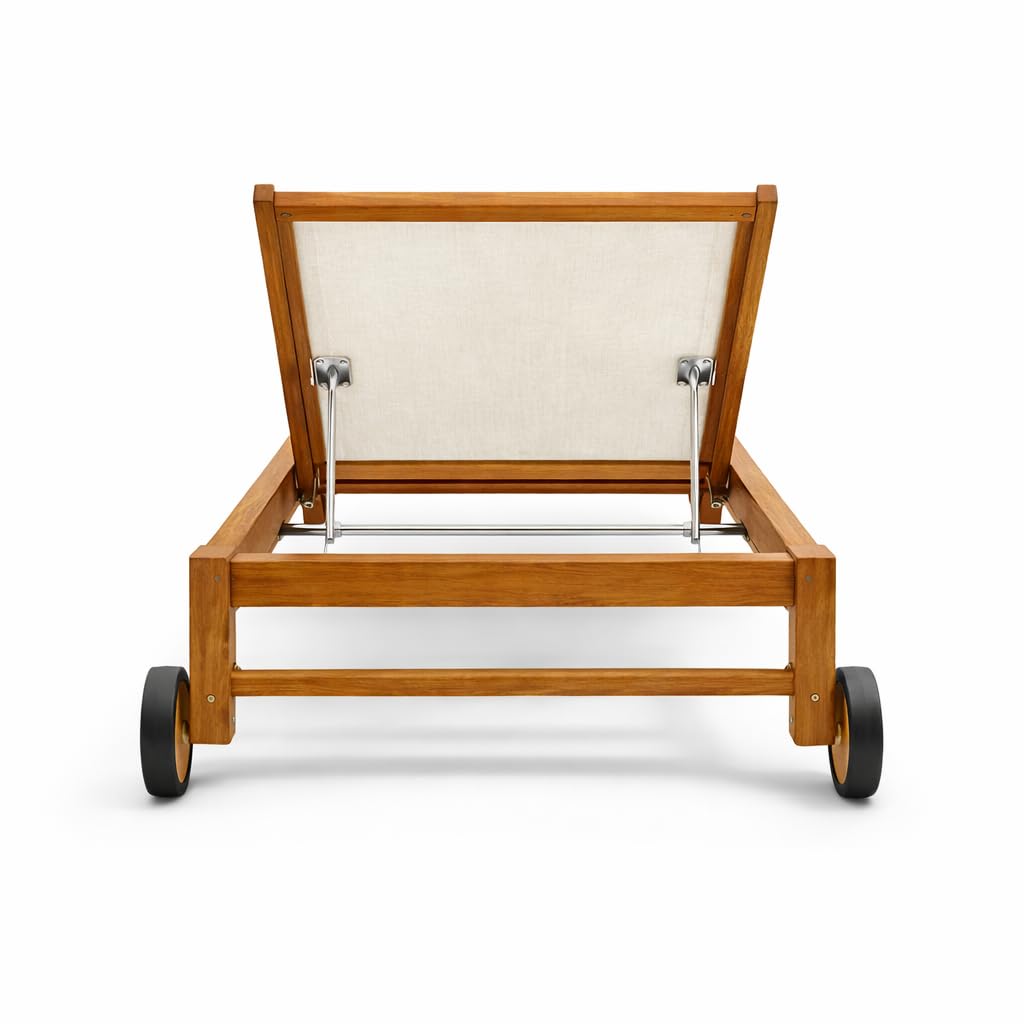 Set 2 Lettini Prendisole in Legno Teak con Ruote JAVA | Sdraio Giardino Reclinabile 4 Posizioni con Tela Traspirante | Lettini Piscina Outdoor Premium | (Beige)