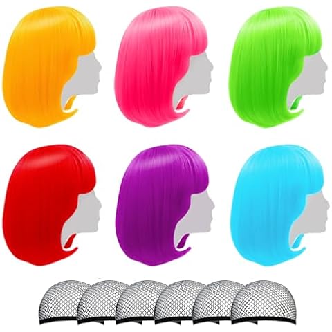 LIULIUBTY Colored Wigs 6 Pack, Short Bob Hair Wigs Neon Colorful Party Wigs for Women Girls Cosplay Costume Party Holiday Bachelorette Night Club (Orange,Red,Blue,Purple,Green,Hot Pink) Cover
