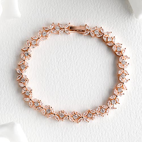Sweetv Rose Gold Cubic Zirconia Wedding Bracelets For Brides, Crystal Elegant Tennis Bracelet For Women Bridal Prom Jewelry #TOP4