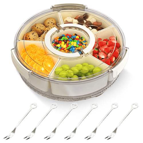 Caja para aperitivos con 6 compartimentos, plato giratorio grande con tapa y asa, cuenco para aperitivos con 6 tenedores de frutas, bandeja para aperitivos, organizador de aperitivos, caja de