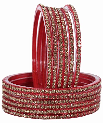 Image of NMII Glass with Zircon Gemstone and Beads Studdded Glossy Finished Traditional Bangle Set For Women and Girls