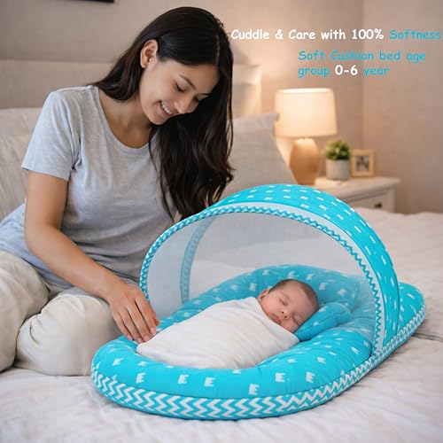 Image of Fareto Combo of Baby Bed with Net | Carry Bag | 4 Pcs Bedding Set (0-6 Months, Baby Size, Cotton) (Crown Blue)
