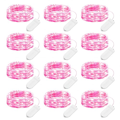 Image of Brightown Valentine's Day 12 Pack Pink Led Fairy Lights Battery Operated String Lights Waterproof Silver Wire 7 Feet 20 Led Firefly Starry Moon Lights for DIY Wedding Party Bedroom