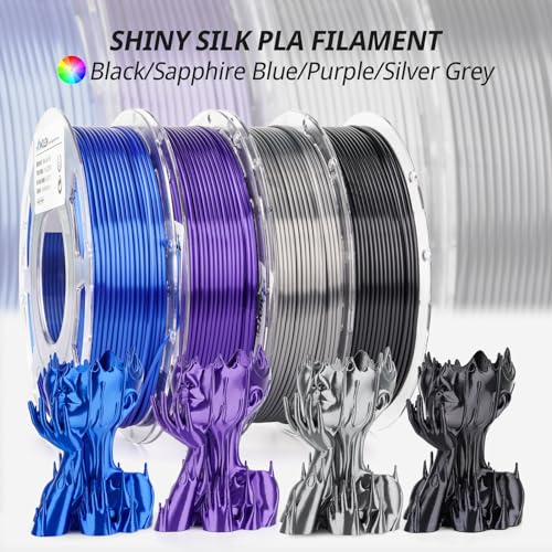 Image of AMOLEN Silk 3D Printer Filament Bundle, PLA Filament 1.75mm Pack, Shiny 3D Printing Filament for Most FDM 3D Printer, Black, Purple, Silver Grey, Sapphire Blue, 200g X 4