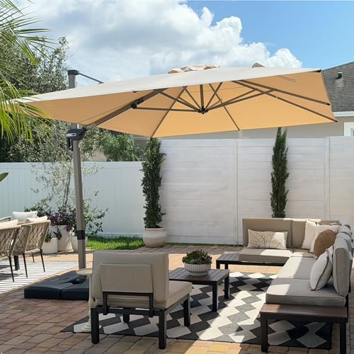 PURPLE LEAF Sonnenschirm Rechteckig 300 x 400 cm Aluminium Ampelschirm Groß XXL 360° Drehbar Gartenschirm mit Kurbel Neigbar Waterdicht Sonnenschutz Marktschirm UV 50+ für Garten Terrasse, Beige