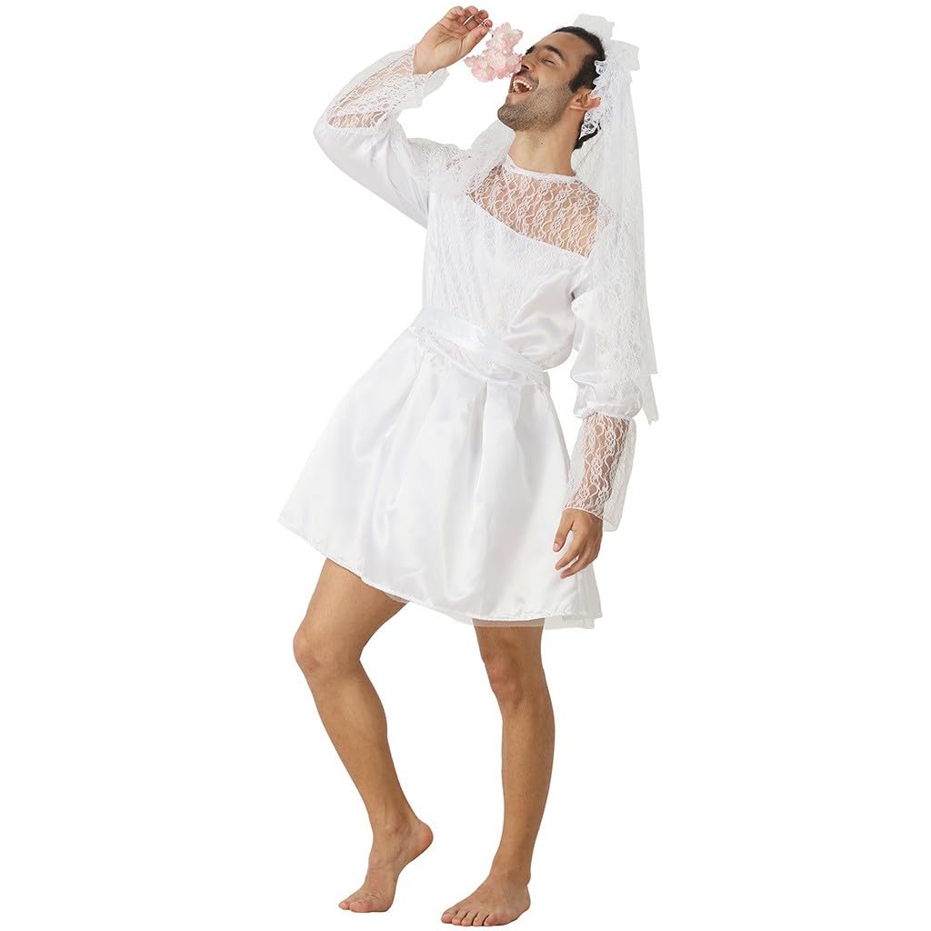 Costume da sposa da uomo, alla moda, costume da sposa maschile, vestito, cintura, copricapo con velo, carnevale, festa a tema