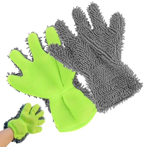 YIHAOH 2 Pcs Esponja Lavar Coche, Limpieza Coche Exterior, Guante de Limpieza de Microfibra, Suaves Guantes de Lavado de 5 Dedos, para Limpiar, Desempolvar, Motos