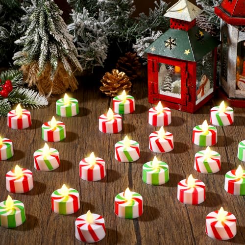Vihose ANB-VIHOSE-20958 50 Pcs Christmas Battery Tea Light, Candy Cane Striped Decorations, Flameless Electronic Candle, Realistic And Bright Led Wax Candles For Birthday Table Wedding Holiday Party cover