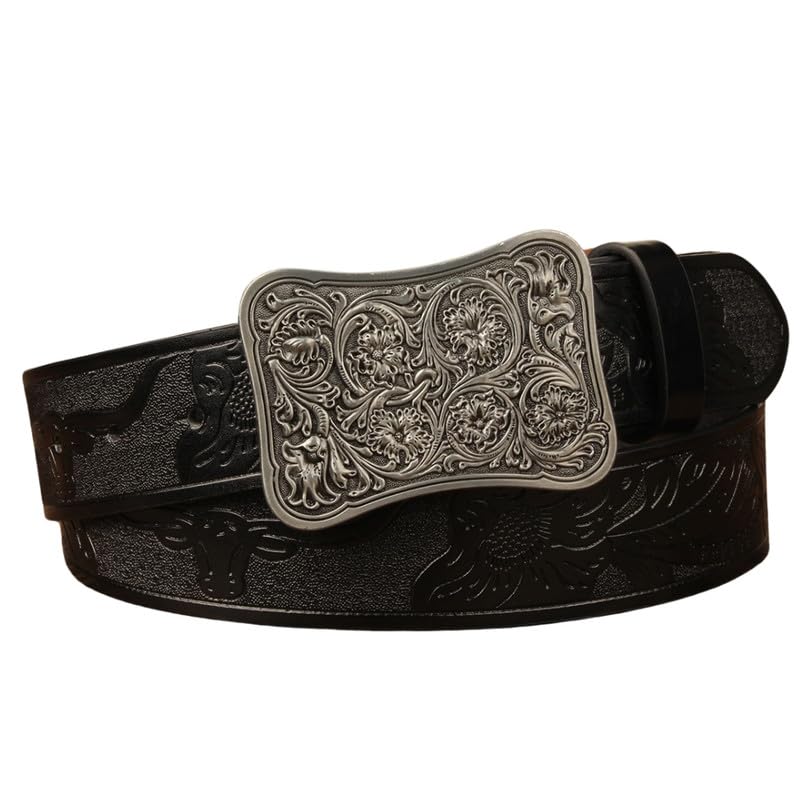 ftk Men's Western Cowboy Belt with Grass Pattern and Large Buckle Ethnic Retro Belt for Youth-picture-29