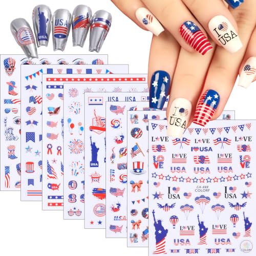 Generic GENERIC-191 8 Sheets 4Th Of July Nail Art Stickers Decals Red White Blue Designs American Independence Day Patriotic Nail Stickers 3D Self-Adhesive Usa Flag Map Eagle Statue Of Liberty Nail Decals cover