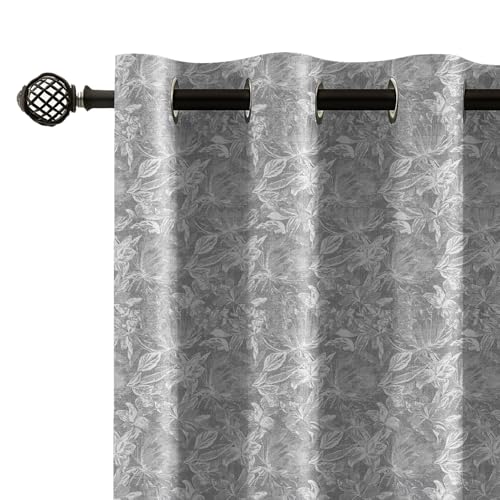 Image of LINENWALAS Printed Blackout Curtains for 7 Feet Door | Set of 2 | Printed Drapes | Thermal Insulated, Room Darkening Panels with Grommet Hanging for Living Room (Steel Grey Flora)