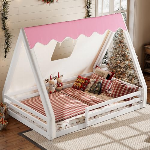 Image of CZBZ Full Size House Floor Bed with Canopy Tent and LED Lights, Wood Teepee Montessori Floor Beds Frame with Guardrails for Kids, Playhouse Design for Safe Sleep & Imaginative Play