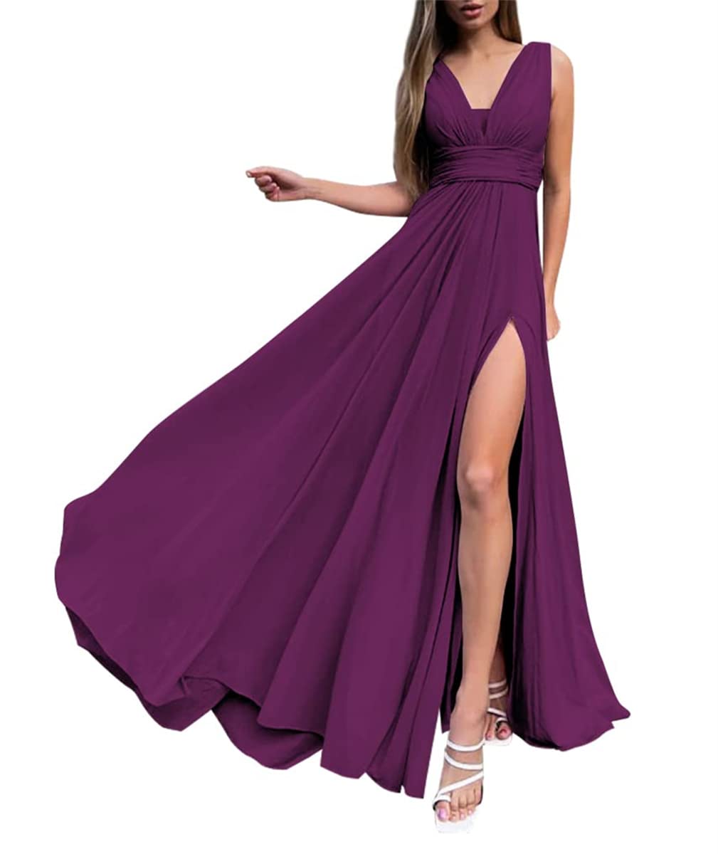 V Neck Guest Dresses for Juniors Sleeveless Chiffon A-Line High Split Spaghetti Strap 2023 Formal Prom Dress