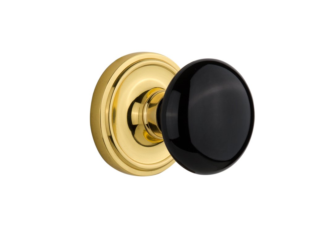 Bouton de porte porcelaine noire fixe rosette laiton poli nostalgique