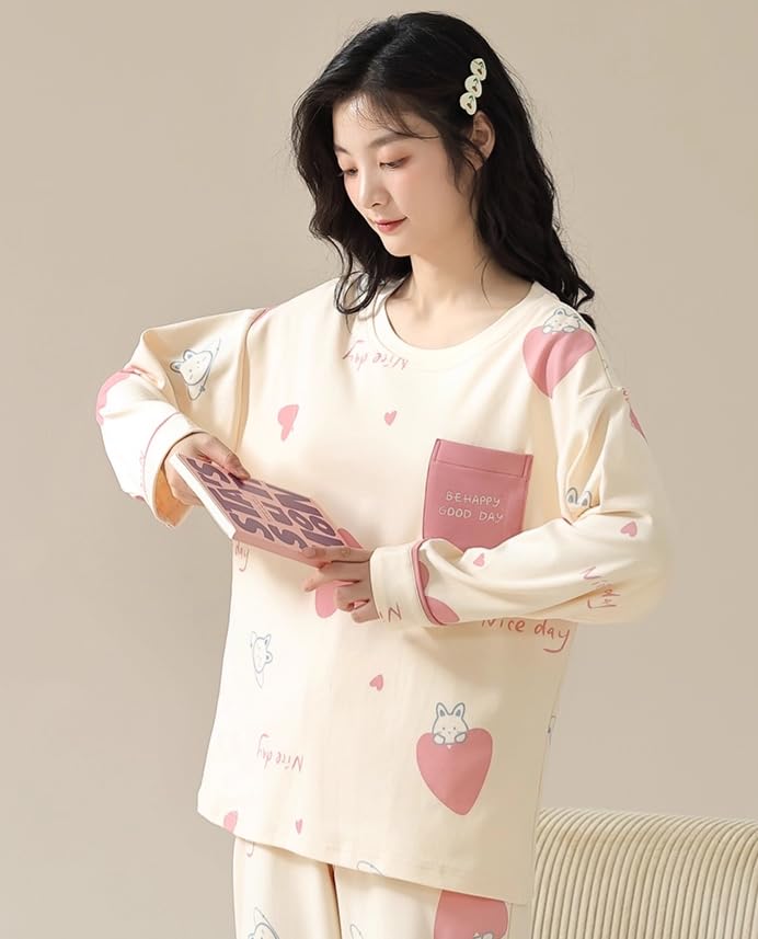Image of Celary Women's Korean Night Suit Set | Round Neck Full Sleeve Top & Printed Ankle Length Pyjama | Skin-Friendly Fabric Soft Breathable Stretchable Loungewear | M to 2XL