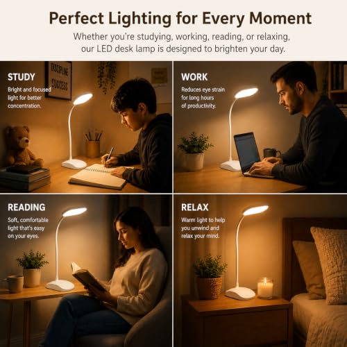 Image of One94Store SlimGlow Design Rechargeable LED Table Lamp | Adjustable Desk & Study Light | USB Powered Reading Lamp with Stable Base (White)