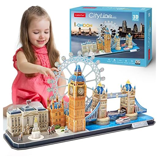 CubicFun 3D Puzzle Cityline London Architecture Building Model Kits, Buckingham Palace, Big Ben, London Eye, Tower Bridge 3D Puzzles for Adults and Children, 107 Pieces