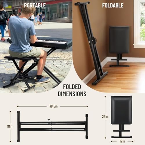 Image of DEVICE OF URBAN INFOTECH Keyboard Stand and Bench Set -Double X-Frame Piano Keyboard Stand with Padded Stool, Adjustable & Foldable Piano Stand Piano Bench Stool for Home, Studio, Stage & Beginners