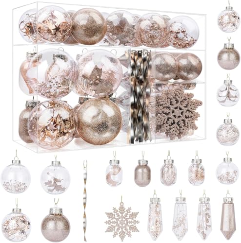 SHareconn 52pcs Christmas Balls Ornaments Set, Shatterproof Plastic Clear Decorative Baubles for Xmas Tree Decor Holiday Wedding Party Decoration with Hooks Included, Champagne