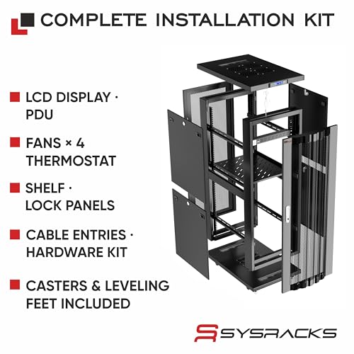 Image of Sysracks 37U Server Rack Cabinet, 39 inch Deep, Mesh Door, 19-Inch | 35 inch rail depth, 4 fans, PDU, shelf, mounting hardware, 1600 lb capacity