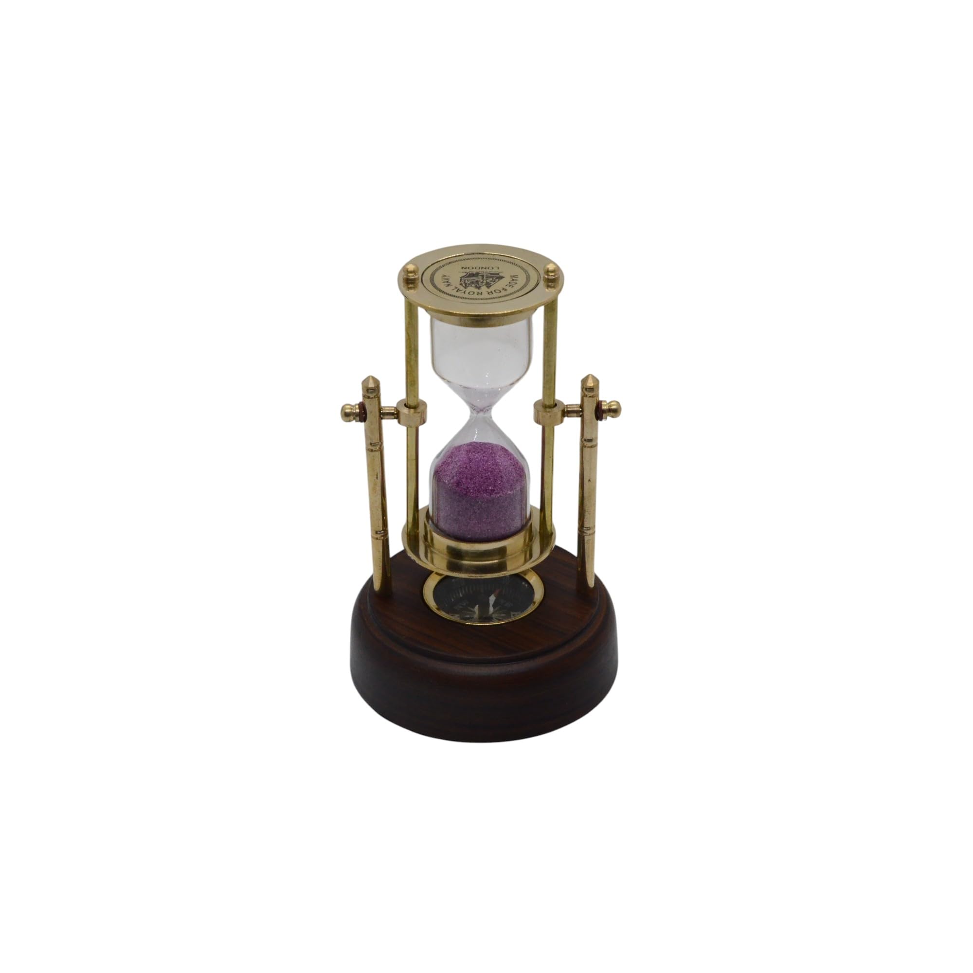 2 Minute - Antique Brass Sand Timer, Sand Clock with Compass - 5 Inches Hour Glass with Brown Wooden Base Navigational Collectible Home Study Table Top & Office Decor