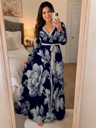 Image of PinkPatty Women's Long Sleeve Maxi Dress Plus Size Casual V Neck Wrap Dress with Pockets&Belt