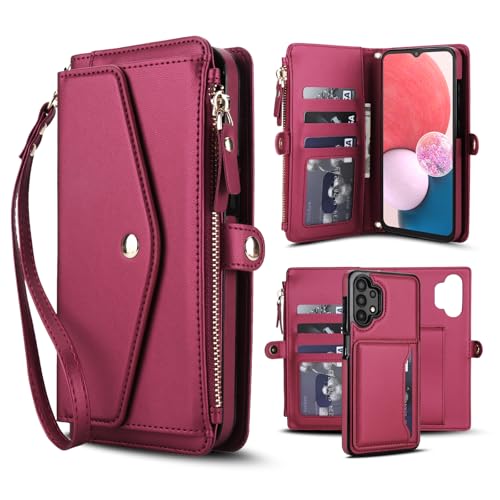 Coque Samsung A13 4G/5G et A04S Asuwish rouge en cuir portefeuille avec verre trempé