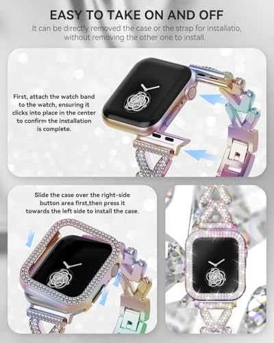 Image of Rhinestones Encrusted Metal Bracelet and Case, Compatible with Apple Watch Bands 38mm-49mm (Series 11 /1 /SE /Ultra 2)- Bling Gold Women's Jewelry Strap, Luxury iWatch Bracelet with Screen Protector