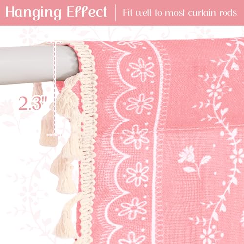 Image of Yinhua Boho Kitchen Curtains 36 Inch Length Vintage Linen Cafe Curtains Light Filtering Bohemian Floral Tier Rod Pocket Farmhouse Rustic Tassel Small Drapes with Tiebacks, 2 Panels, Pink