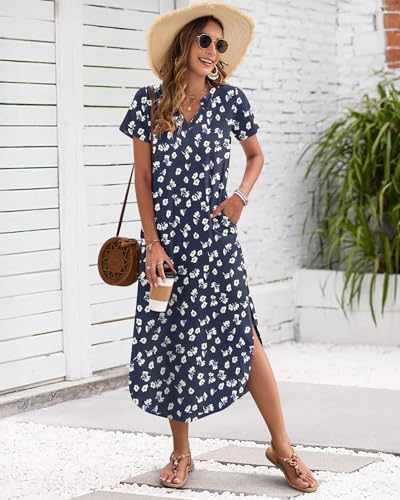 Image of MISFAY Women's Summer Maxi Dress 2026 Casual Short Sleeves V Neck Loose Sundress Split Long Beach T Shirt Dress