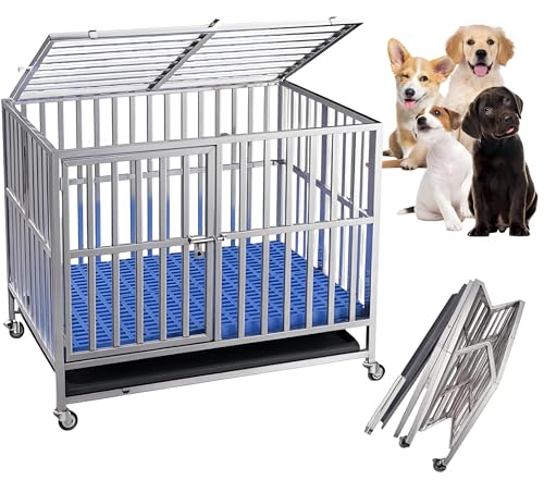 TUIYIDUO 犬のケージ ペットケージ 大型 ステンレス鋼 長さ95×幅65×高さ79cm 犬 フェンス 折りたたみ可能 キャスター付き 引き出し式トレー 掃除簡単 マット/給餌器/屋根付き 適用小型/中型/大型犬 脱走防止 ペット用品 室内外兼用 日
