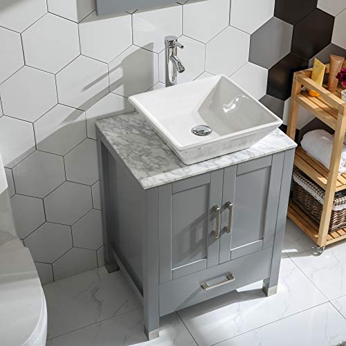 Homecart 24" Grey Bathroom Vanity Cabinet And Sink Combo Glass/,Marble Top Wood W/Sink Faucet &Drain Set (Solid Wood + Marble Top) #TOP2
