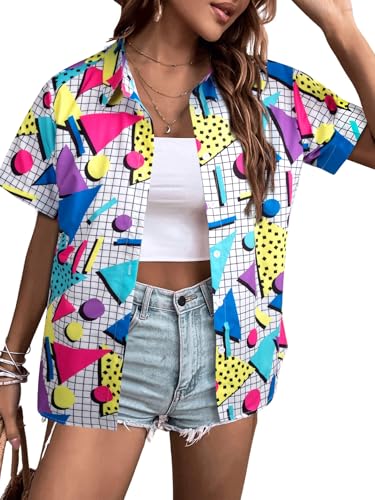 80s 90s Outfits for Women: 80s Disco Party Themed Shirt Vintage 90s Neon Hawaiian Button Down Short Sleeve Tops