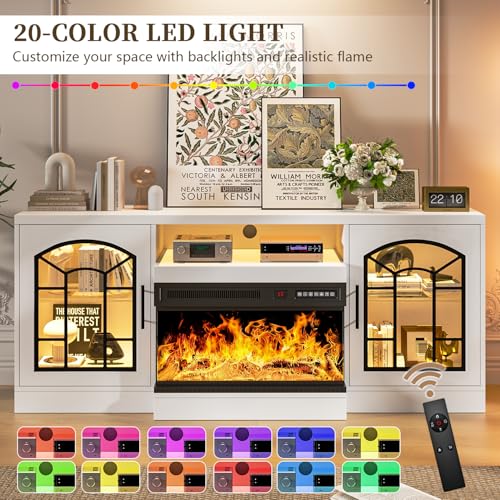 Image of Waleaf 60 inch Fireplace TV Stand for TVs up to 65 inch with 3-Sided Glass Fireplace, Farmhouse Entertainment Center Modern Console with Adjustable Flame Color, Storage Cabinet for Living Room, White