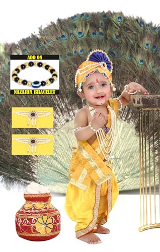 Image of Krishna Dress for Kids, Baby Krishna Dress for Janmashtami with Krishna Mukut, Peacock Feather & Flute Embroidered Krishna Costume for Girl & Boy, 3 Months-8 Years