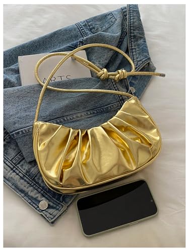 Verdusa Women's Gold Purse Ruched Metallic Shoulder Handbags Top Handle Underarm Bag3