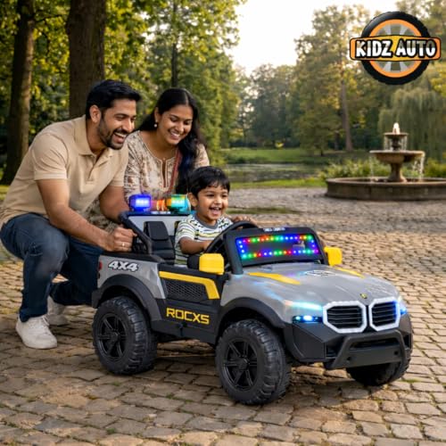 Image of KAB J 777 Rechargeable Battery Operated Jeep for Kids |POBO-2026 |Electric Ride-On Toy with LED Lights,Music,RGB Windshield,Steering Function & Dual Control (Yellow)