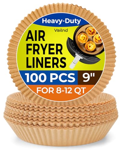 Vailnd Disposable Air Fryer Paper Liners, 9 Inch Max Xl Large Cooker Airfryer Parchment Paper Liners, 100Pcs Oil Proof Round Basket Bowl Liner Baking Paper for 8-12 QT Air Fryer Microwave