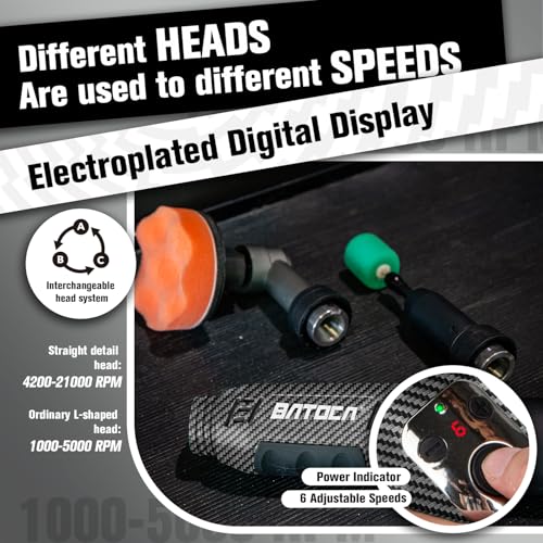 Image of BATOCA S6 Mini Cordless Polisher for Car Detailing, 2x2.0Ah Batteries, 0mm Rotary Buffer & 12mm Dual Action Polisher 1-3 Inch, 2 Different Speeds Heads Systems, 4.2k-21k, 1-5k RPM Carbon Style