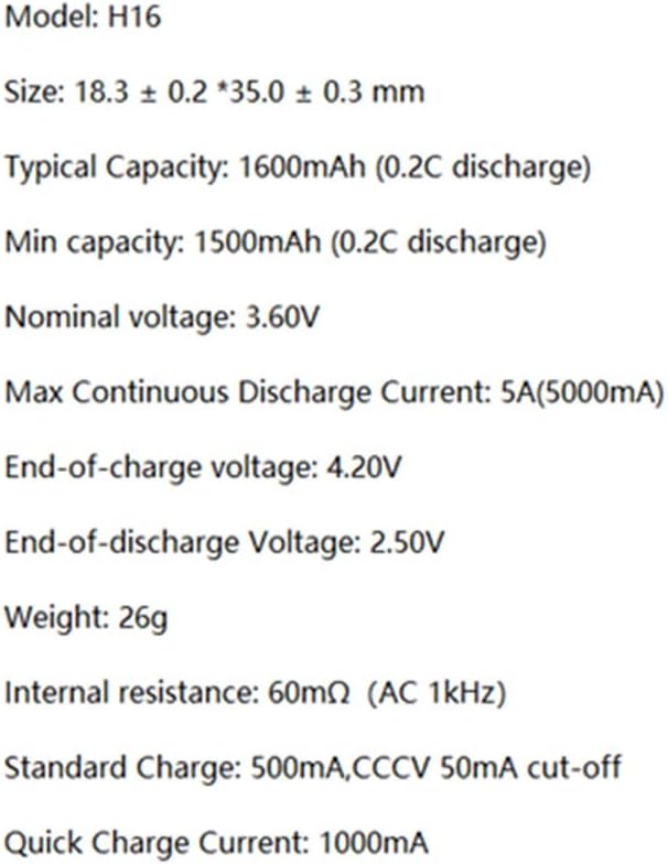 Detailed specifications for Vapcell H16 battery, listing Model, Size, Typical Capacity, Min capacity, Nominal voltage, Max Continuous Discharge Current, End-of-charge voltage, End-of-discharge Voltage, Weight, Internal resistance, Standard Charge, and Quick Charge Current.