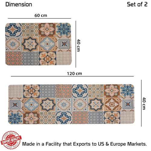 Image of HomeCloud Rubber Kitchen Mats for Floor Set of 2 Pcs | Non-Skid, Soft Absorbent Rugs for Kitchen, Laundry, and Hallway | 120x40cm, 40x60cm| 4mm Thickness, Beige Blue Multi, Rectangular